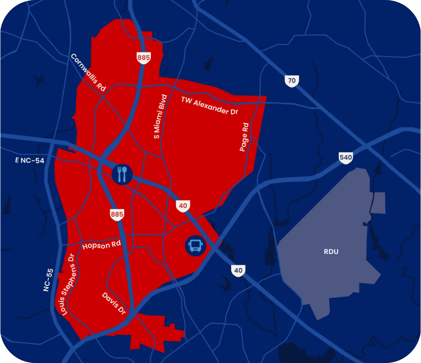 RTP Connect service area map with icons showing where Boxyard RTP and the Regional Transit Center are located.